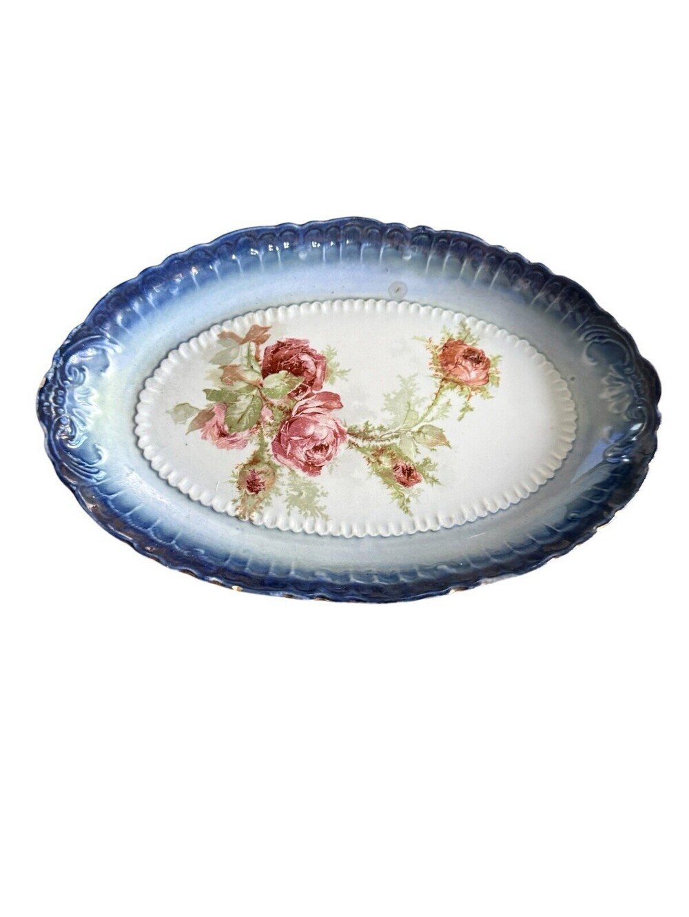 Antique Oval Milton Plate Chippy Roses Flow Blue Pre 1891 Victorian England